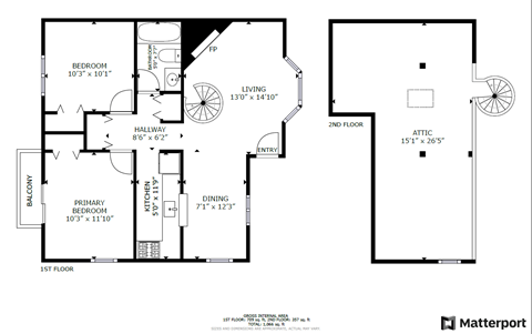 Floor plan for 2 beds, 1 bath, 866 sqft